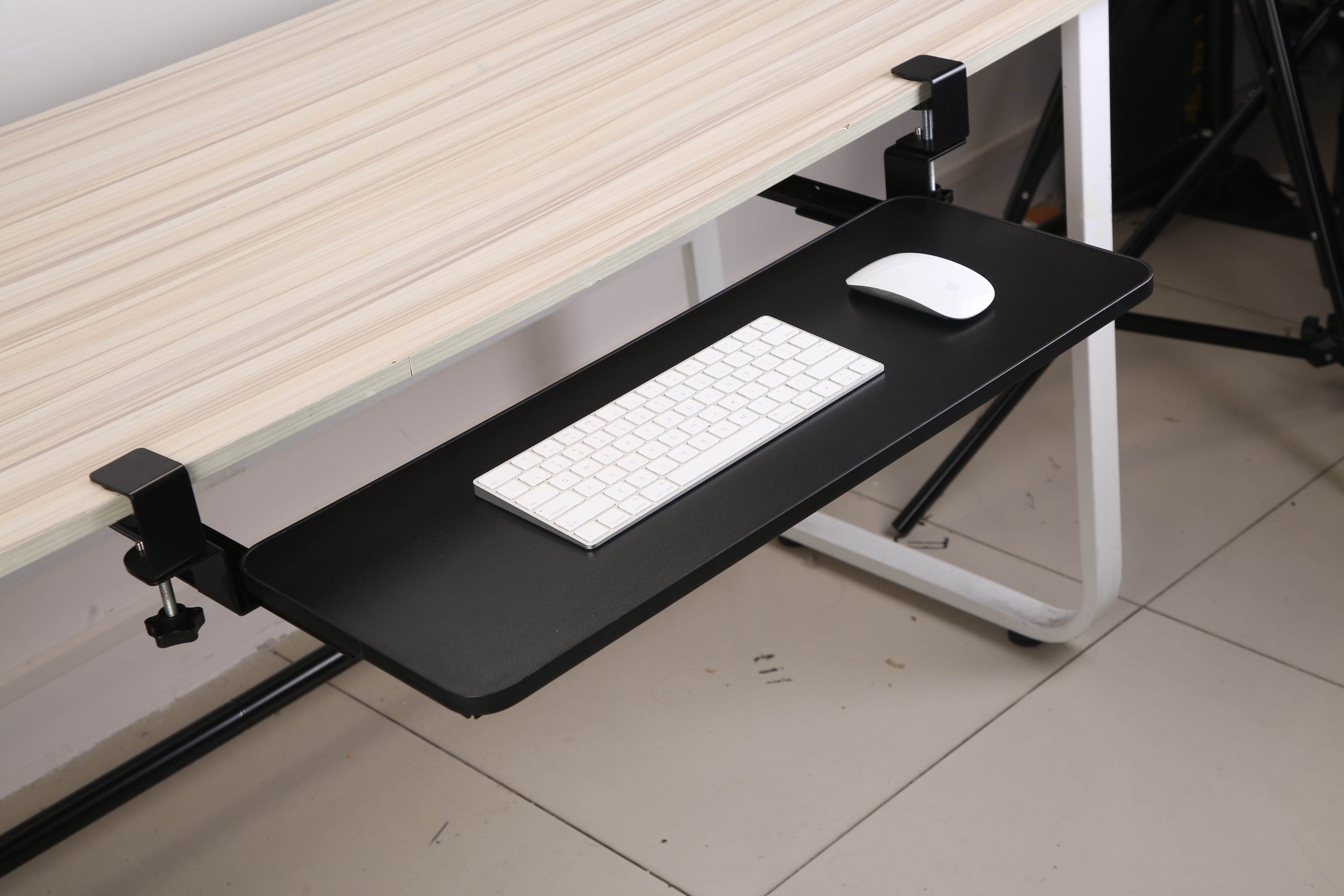 1Pc 25.59x9.64x0.51in Keyboard Mouse Tray Under Desk Retractable Slide Out Drawer Height Adjustable With C Clamp 55LBS Load