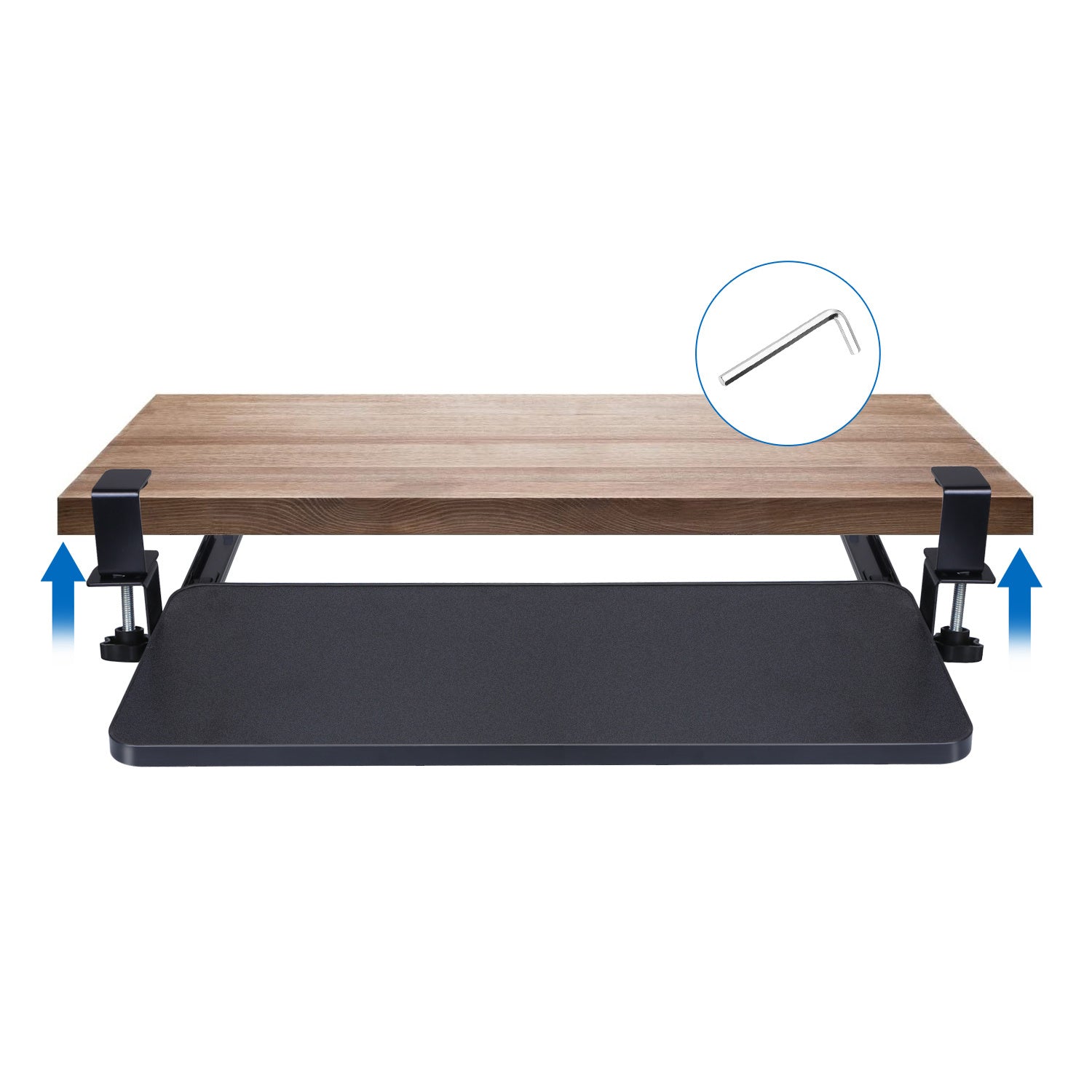 1Pc 25.59x9.64x0.51in Keyboard Mouse Tray Under Desk Retractable Slide Out Drawer Height Adjustable With C Clamp 55LBS Load